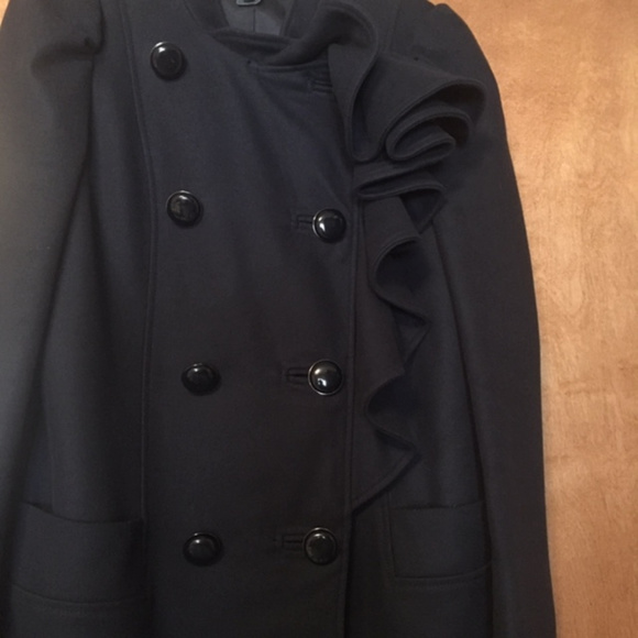 French Connection  Navy  Ruffle Peacoat  Sz 6 - Picture 5 of 8